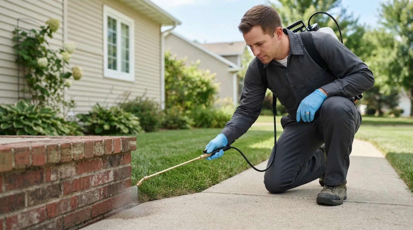 Pest control technician treating a home near Ligonier, IN